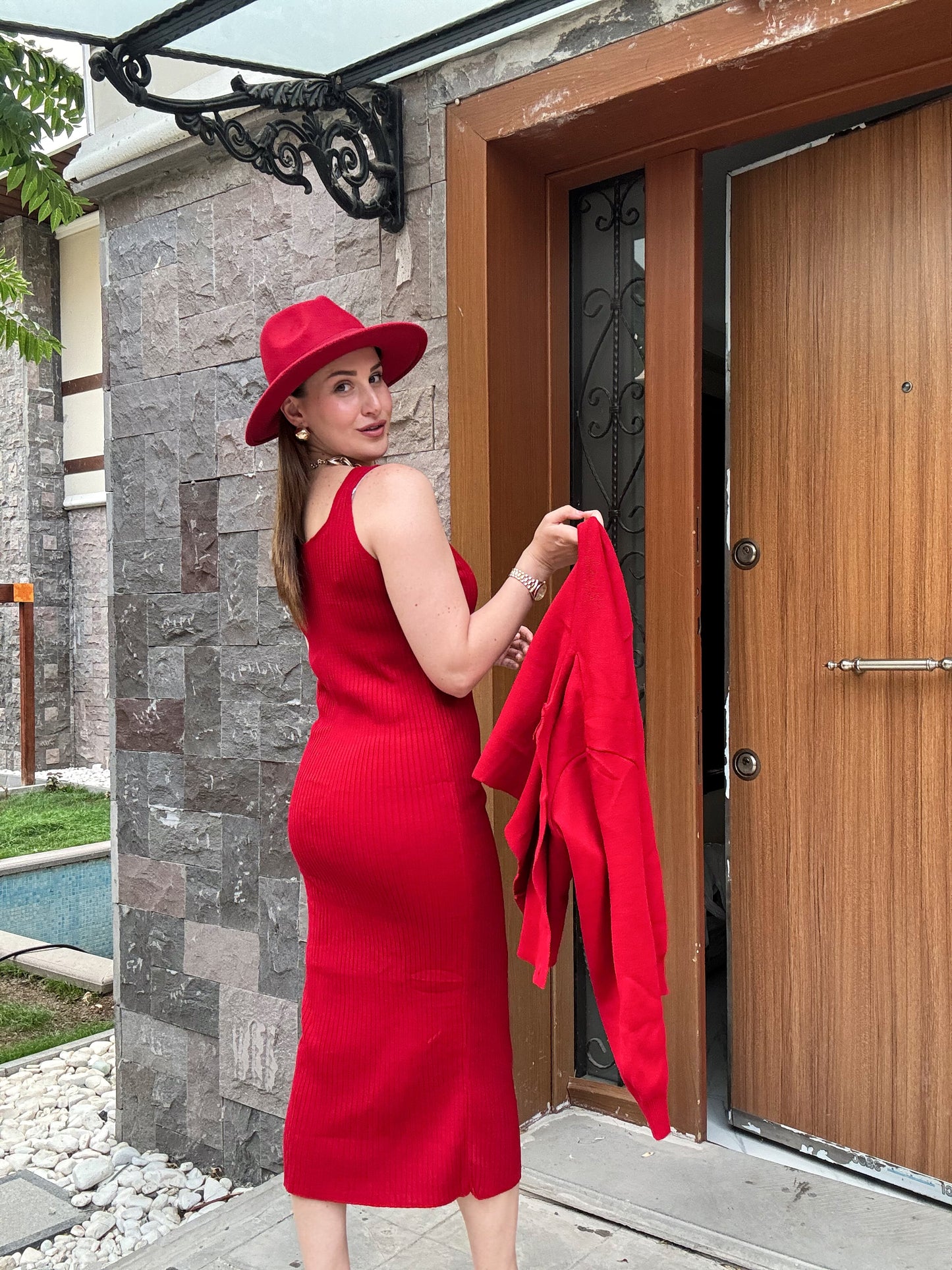 Ceketli Elbiseli Triko Takım - KIRMIZI