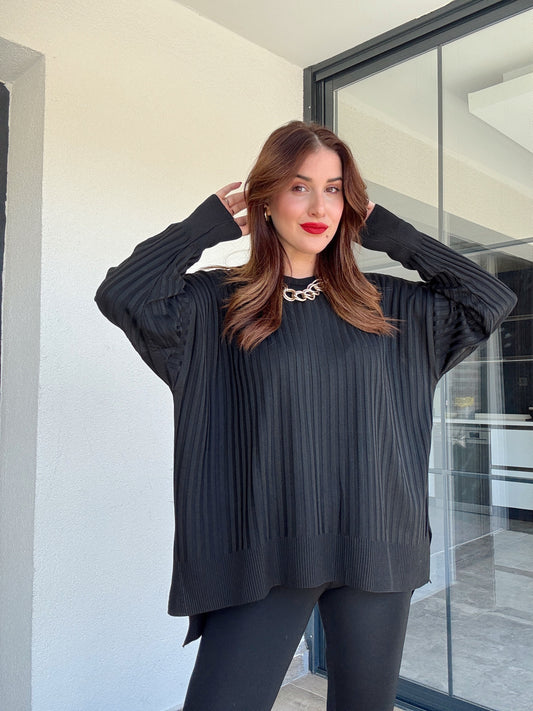 Oversize kesim kol düğmeli kazak SİYAH