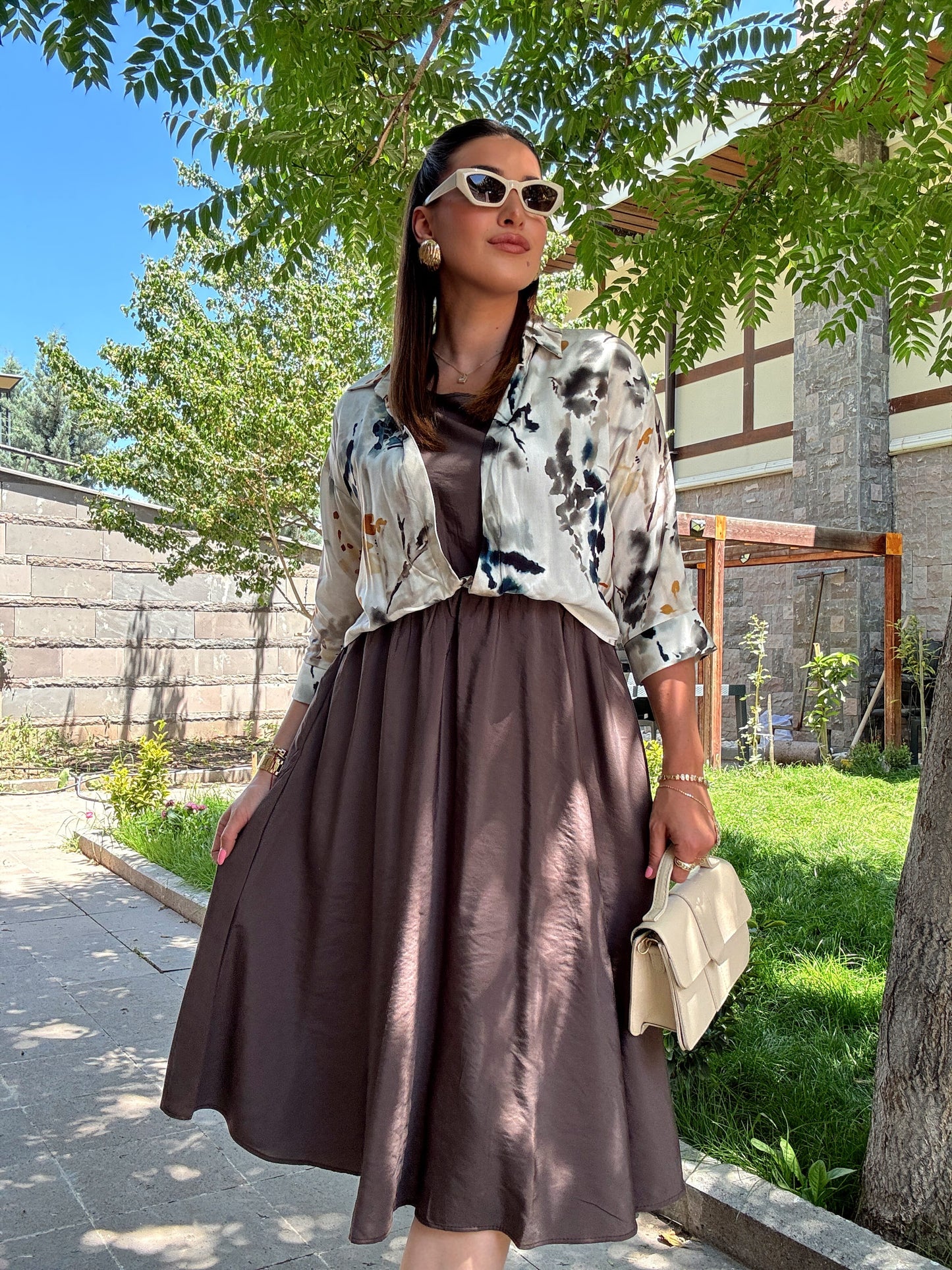 Batik desen gömlekli elbise Kahve