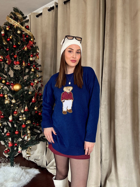 Ayıcık İşleme Yumoş Triko Kazak - SAKS MAVİ
