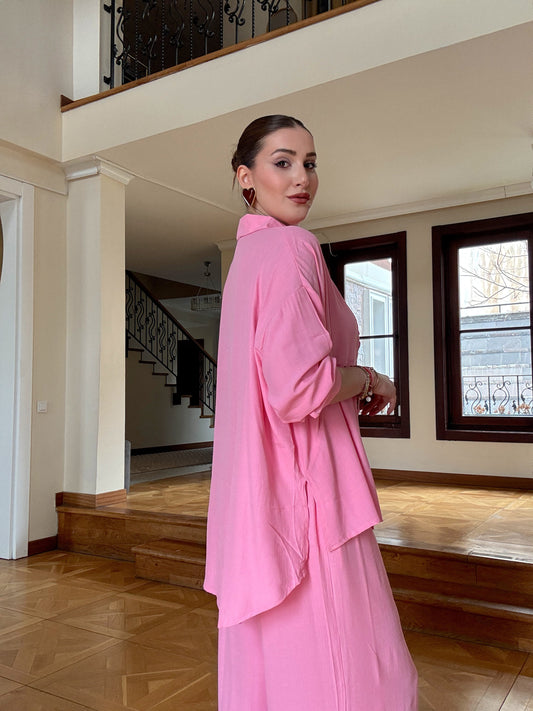 Gofre pantolonlu ikili takım Pembe