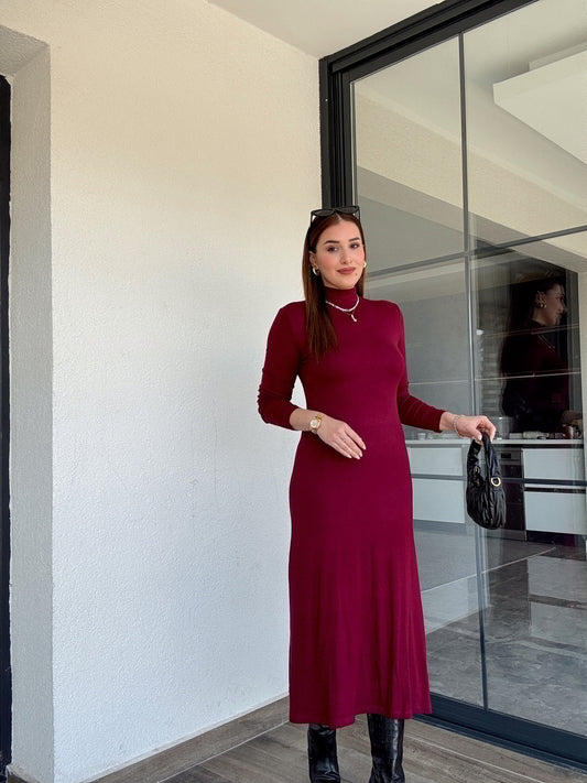 Dik yaka elbise-BORDO
