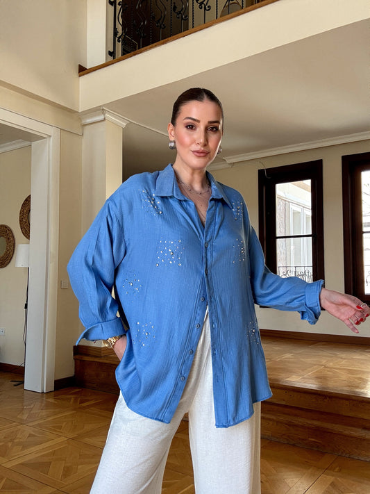 Keten kumaş taşlı oversize gömlek MAVİ
