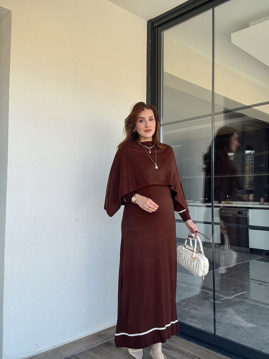 Çizgili pelerinli elbise-KAHVERENGİ