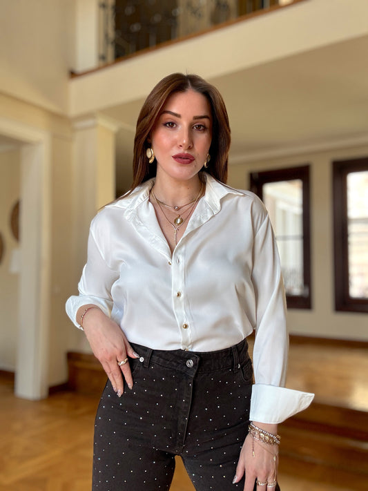 Gold düğme Saten gömlek Ekru