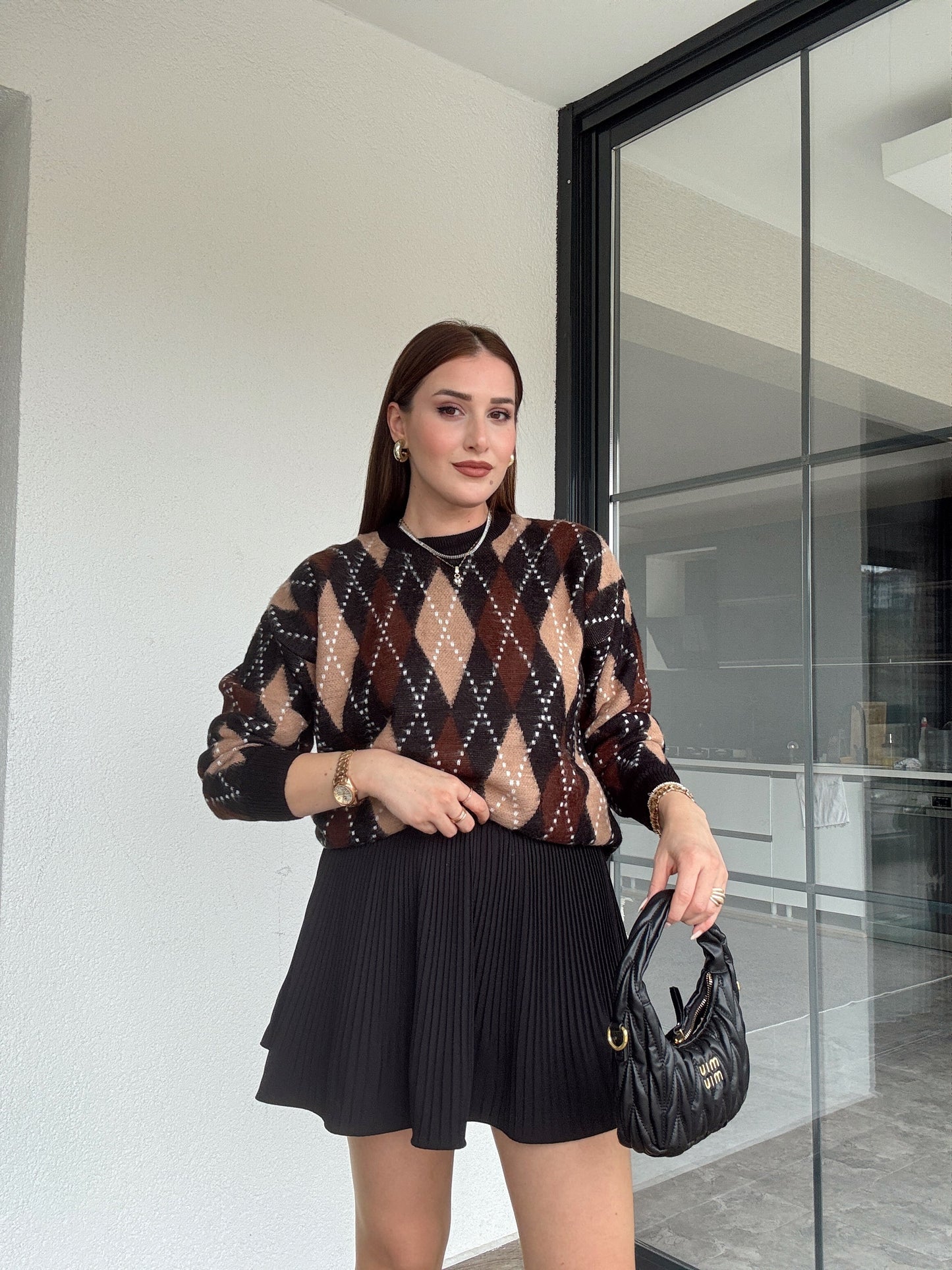 Tunik boy oversize baklava desenli kazak-SİYAH