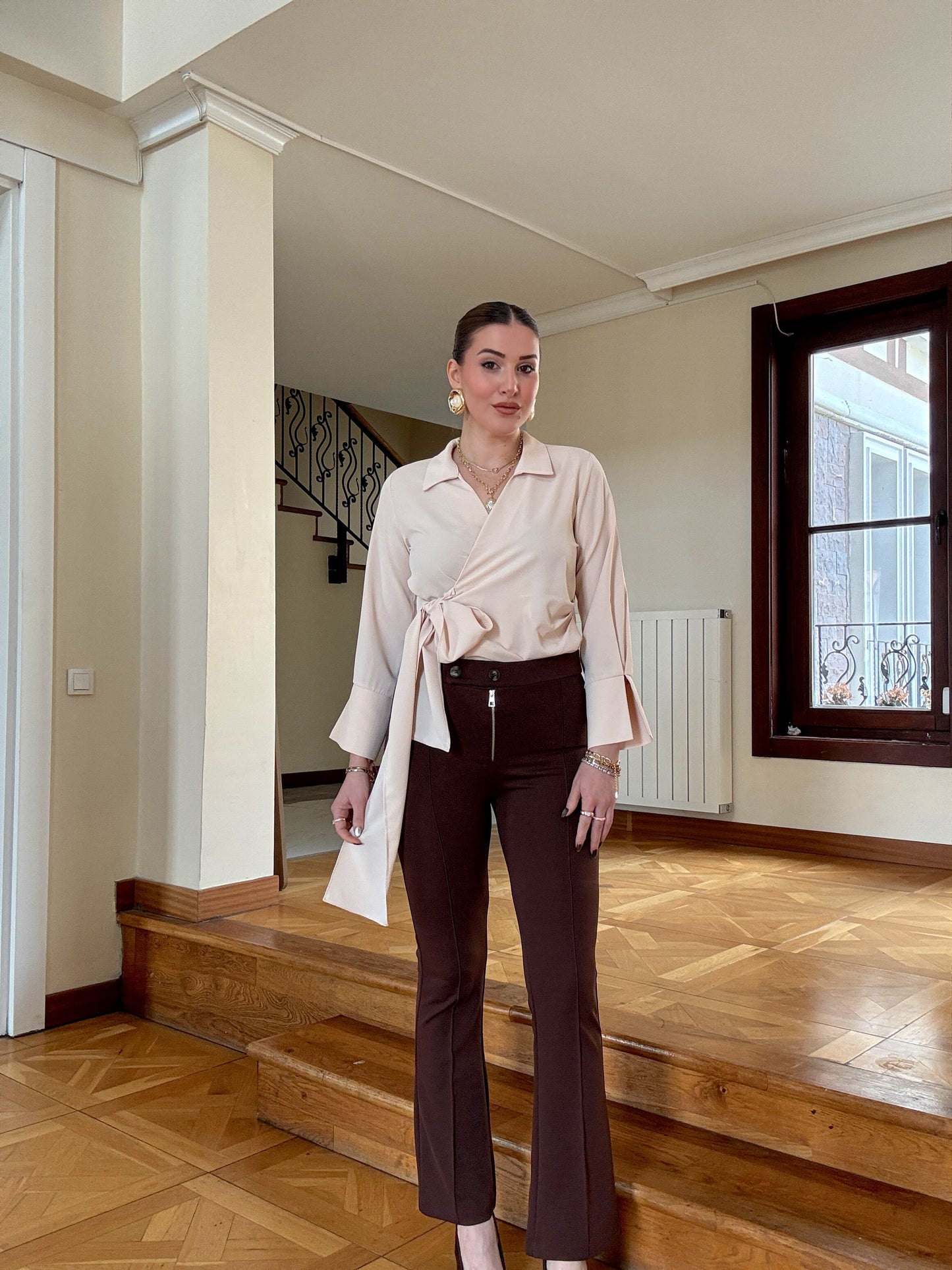 Çift düğme venedik pantolon Kahve