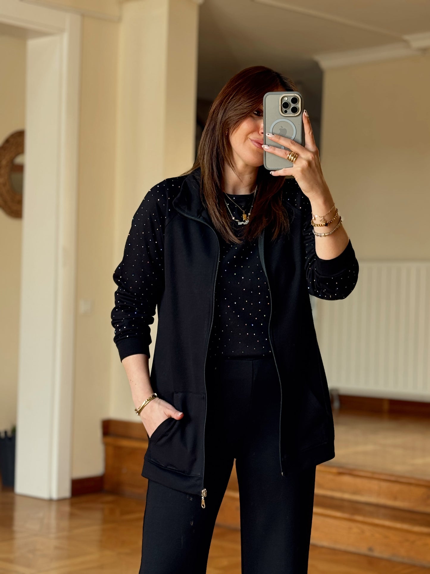 Üçlü Taşlı Oys Takım-SİYAH