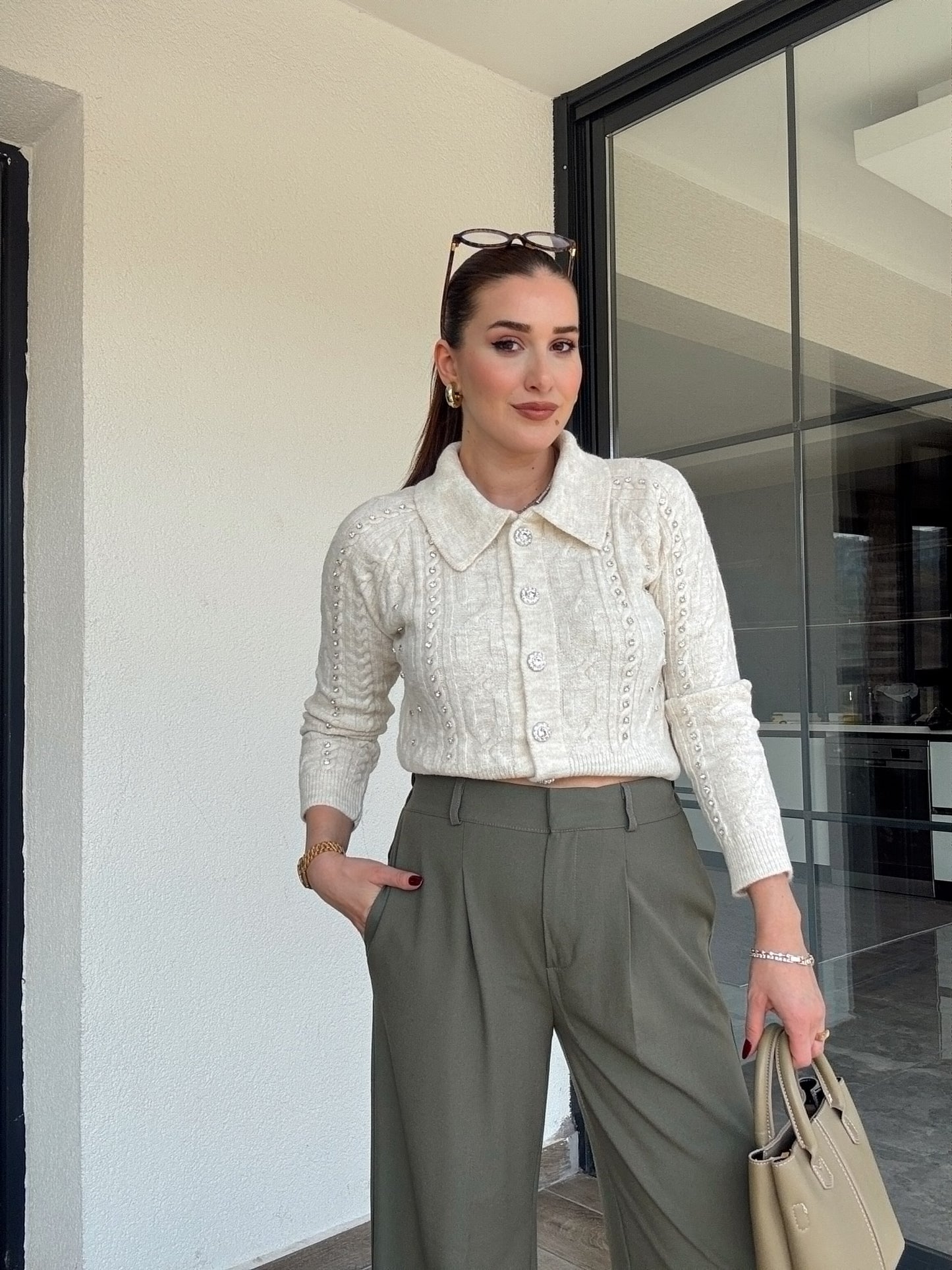 Örgü taşlı ceket-LATTE