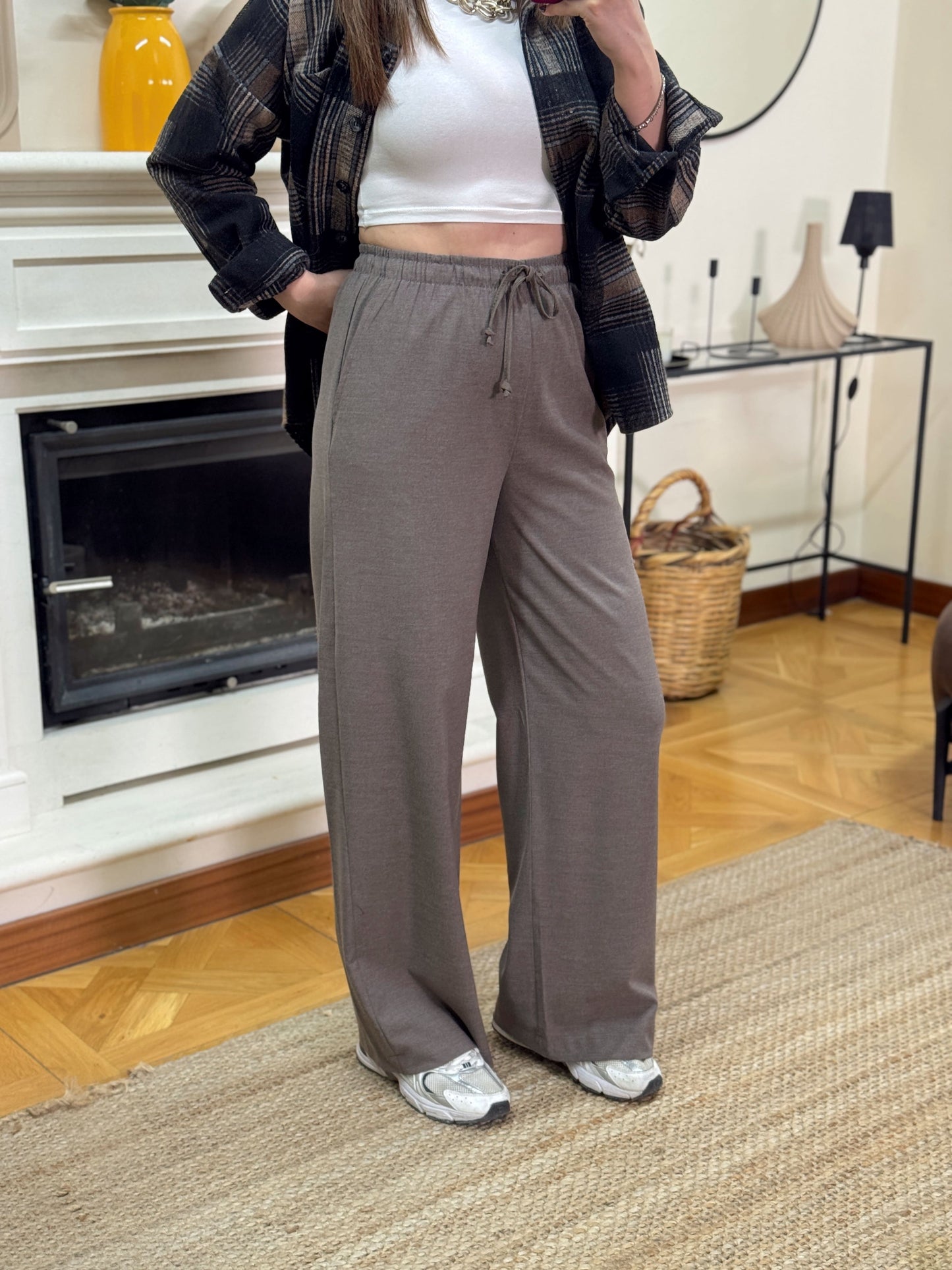 Bağcıklı palazzo pantolon-VİZON