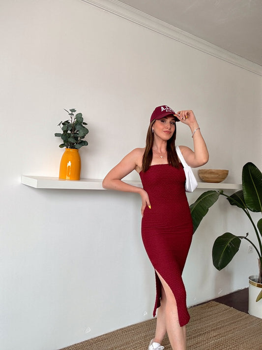 BEYDA straplez yırtmaçlı astarlı elbise BORDO