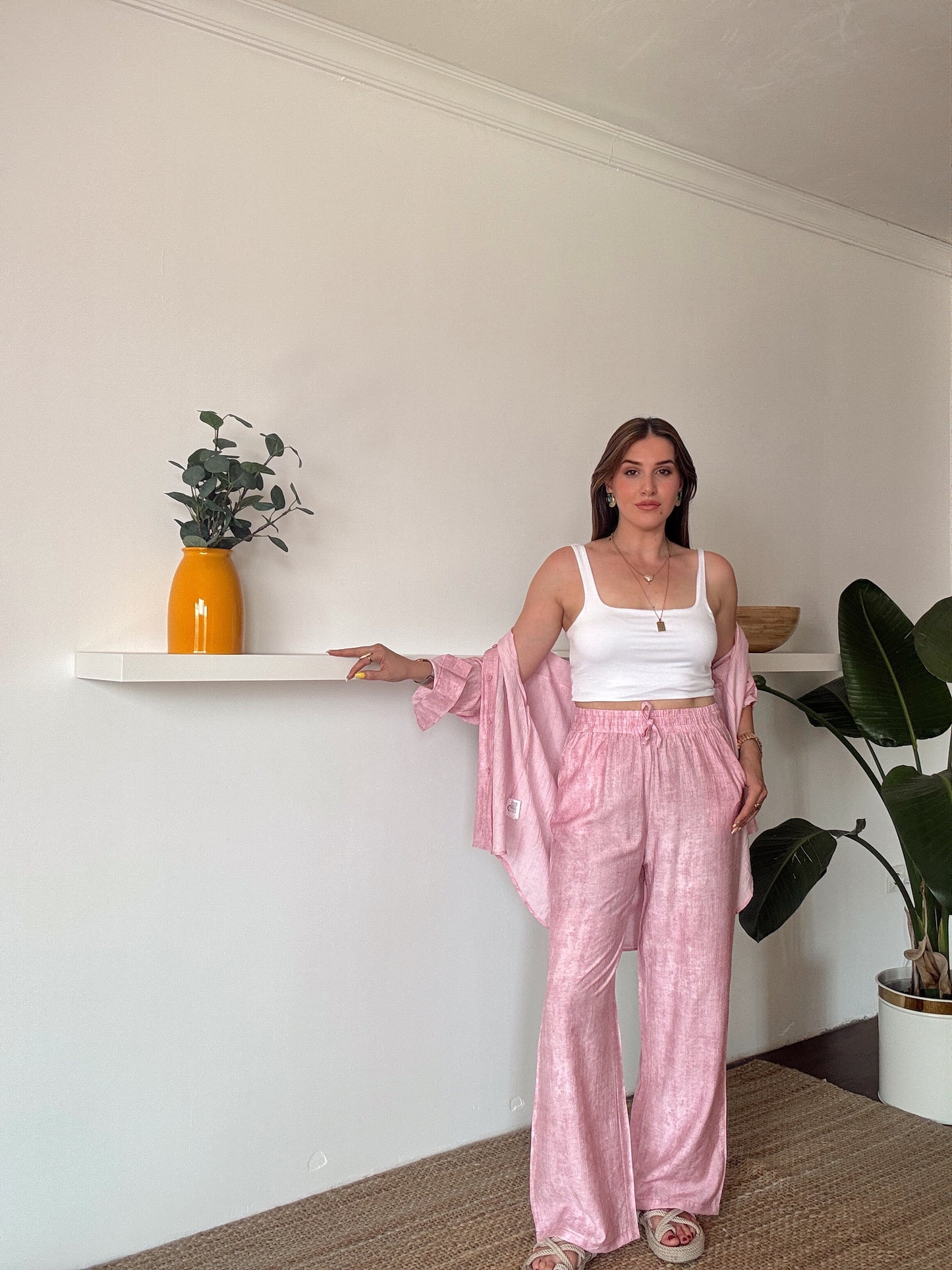 Dokuma gömlek pantolon takım PEMBE