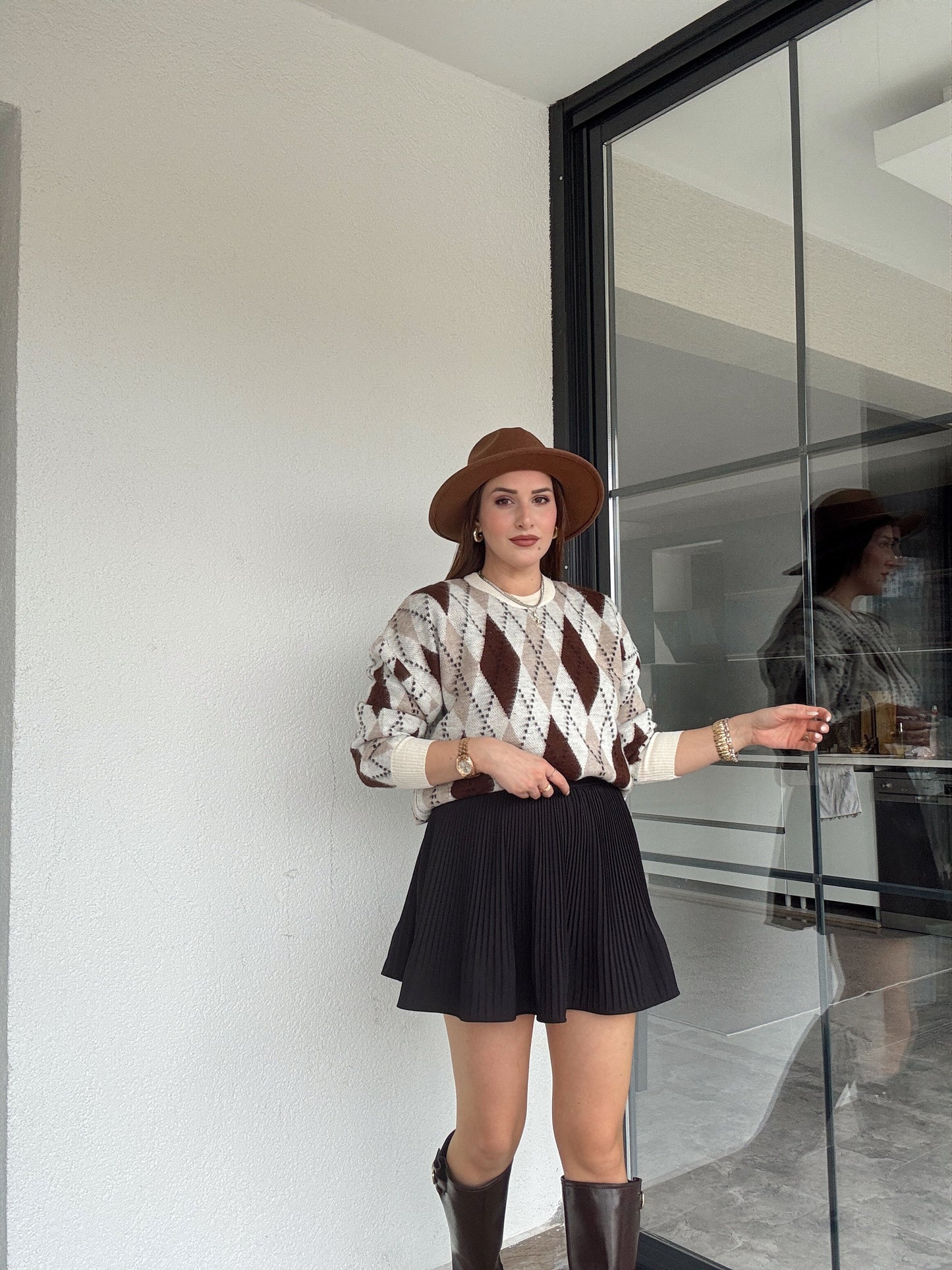 Tunik boy oversize baklava desenli kazak-BEJ