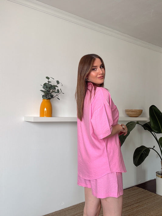 LİCARDİ keten şortlu gömlekli takım PEMBE