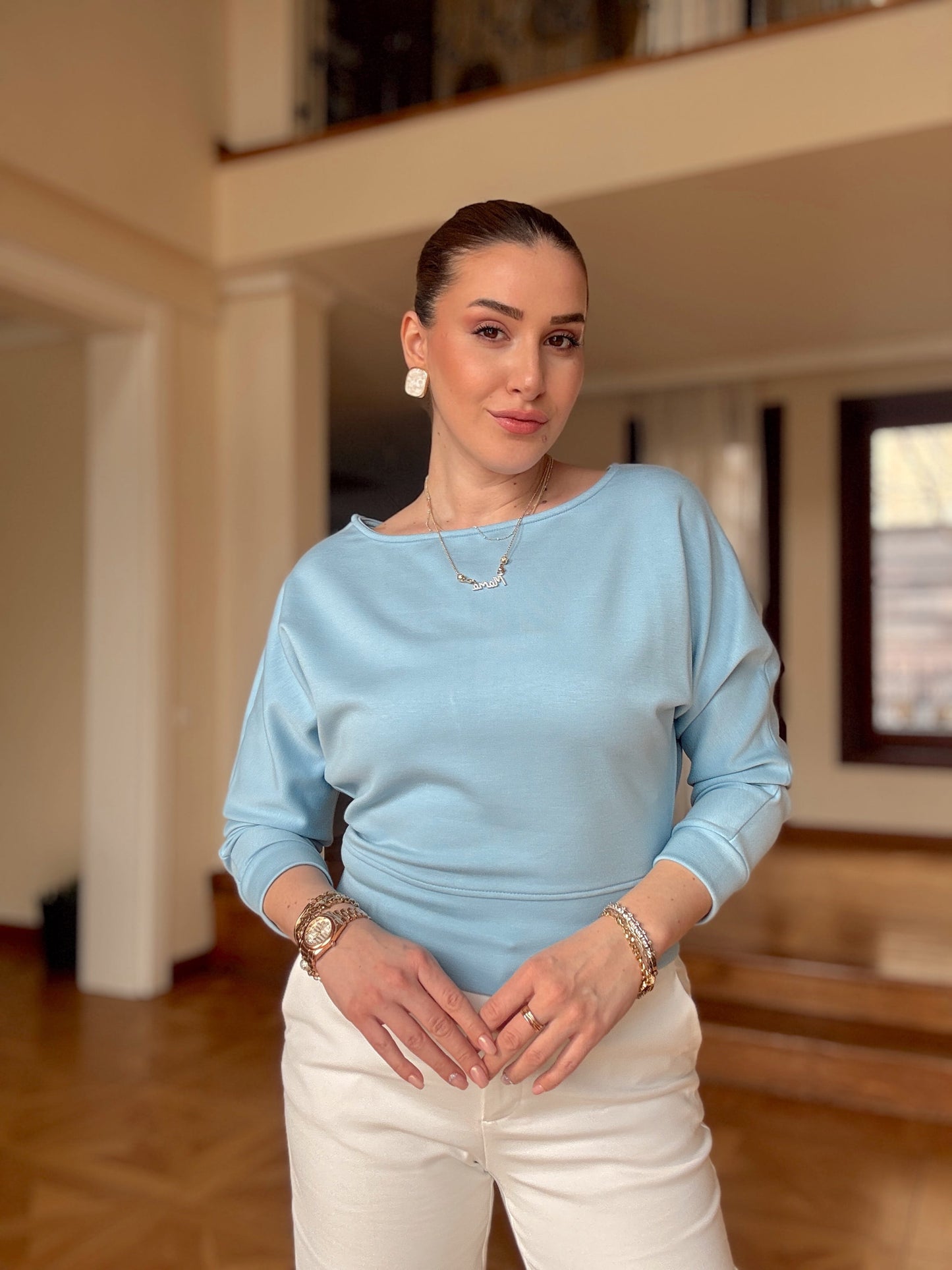 KAYIK YAKA BLUZ-MAVİ