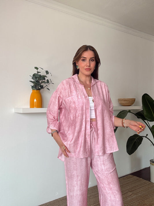 Dokuma gömlek pantolon takım PEMBE