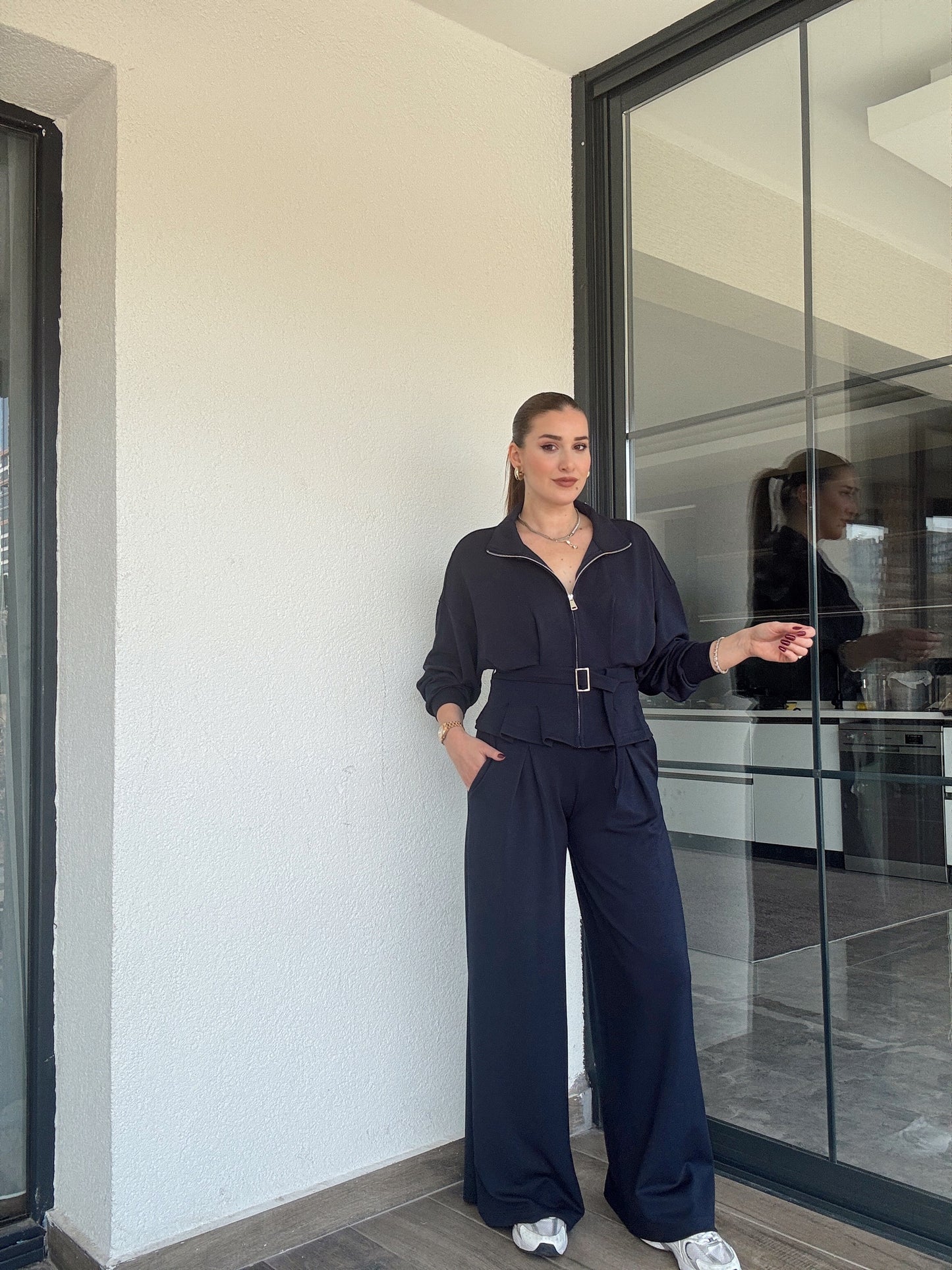 Modal kumaş dik yaka etek pileli ceket pantolon takım-LACİVERT