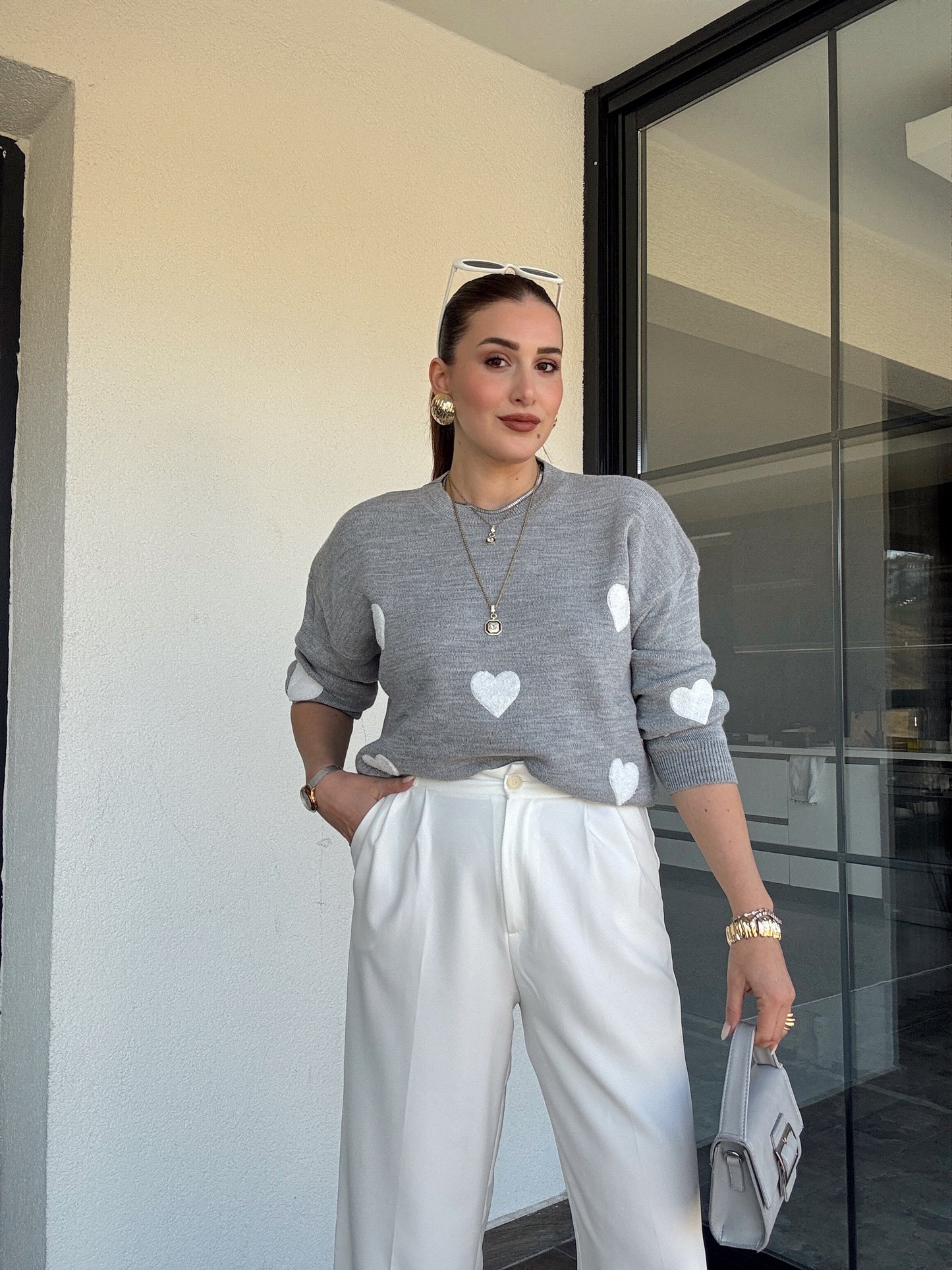 Kalp İşleme Triko Kazak - GRİ