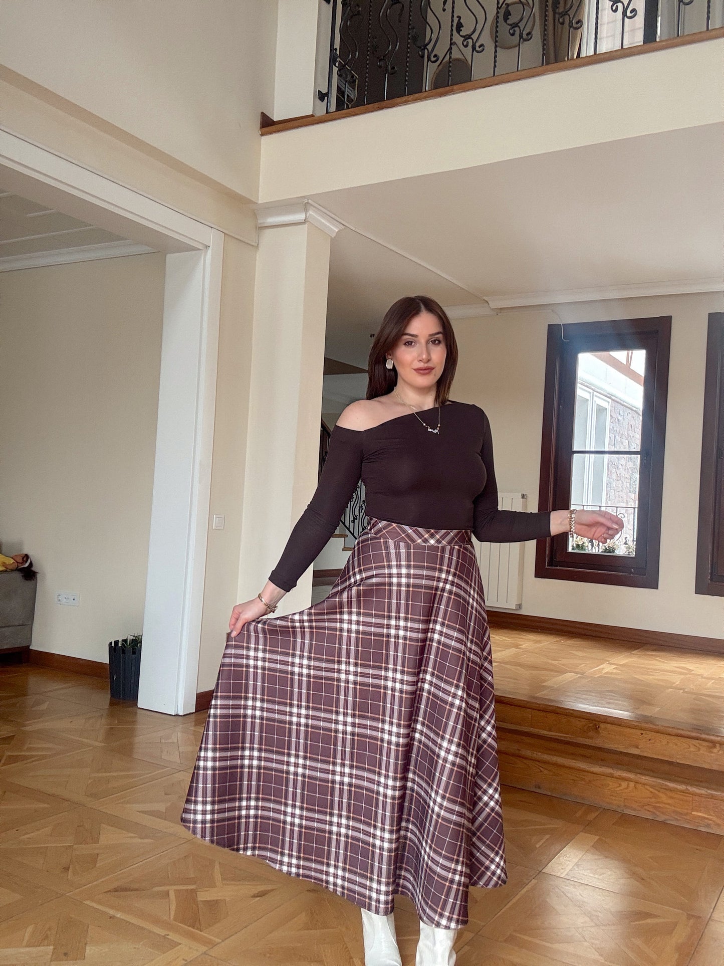 Scuba kumaş ekose etek-KAHVERENGİ