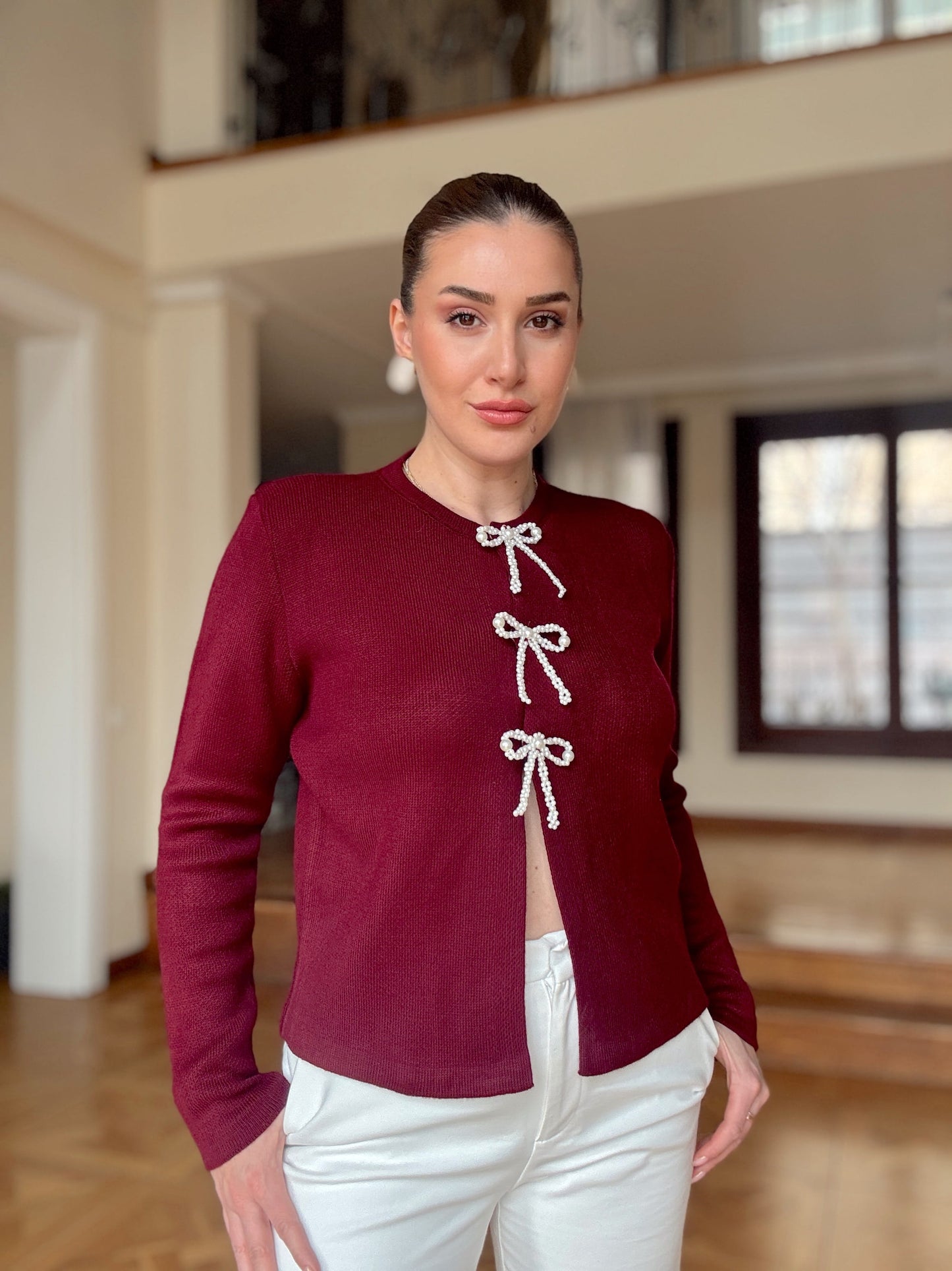 Fiyonk inci taşlı hırka-BORDO