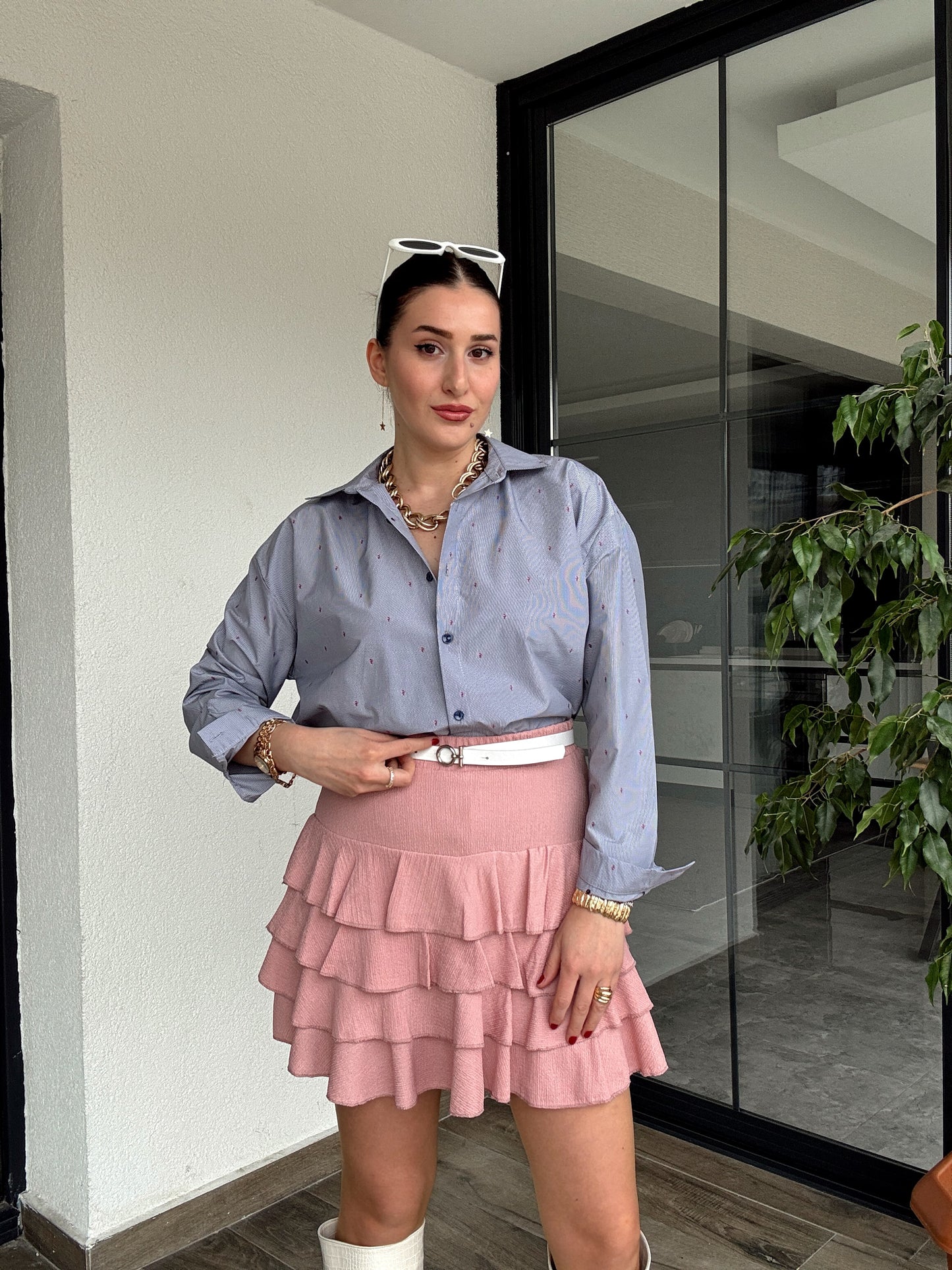 Cotton Çizgili Gömlek - GRİ