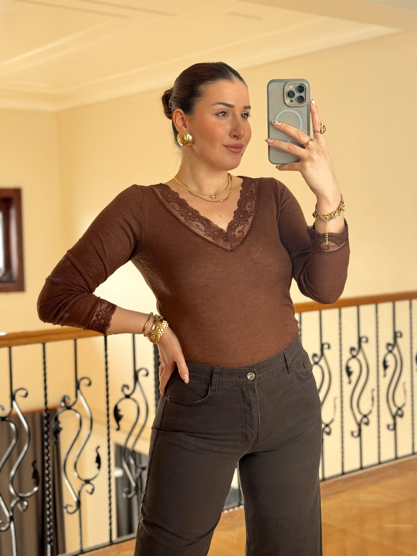 Dantelli Transparan Viskon Bluz-KAHVERENGİ