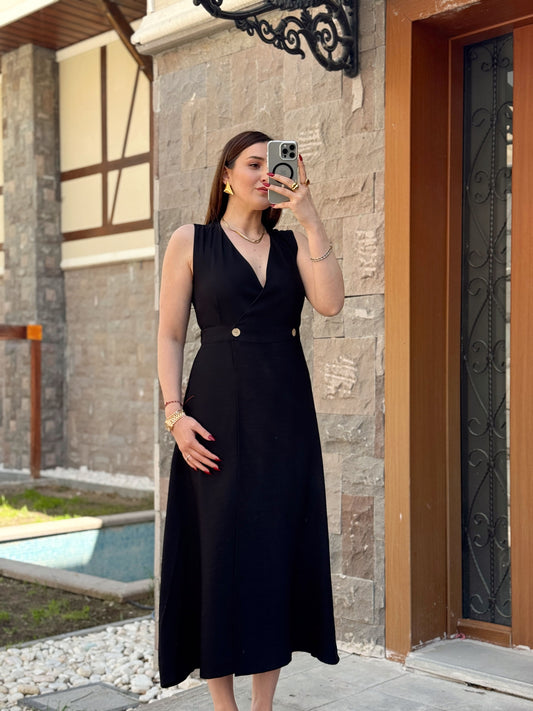 Keten düğmeli uzun elbise SİYAH