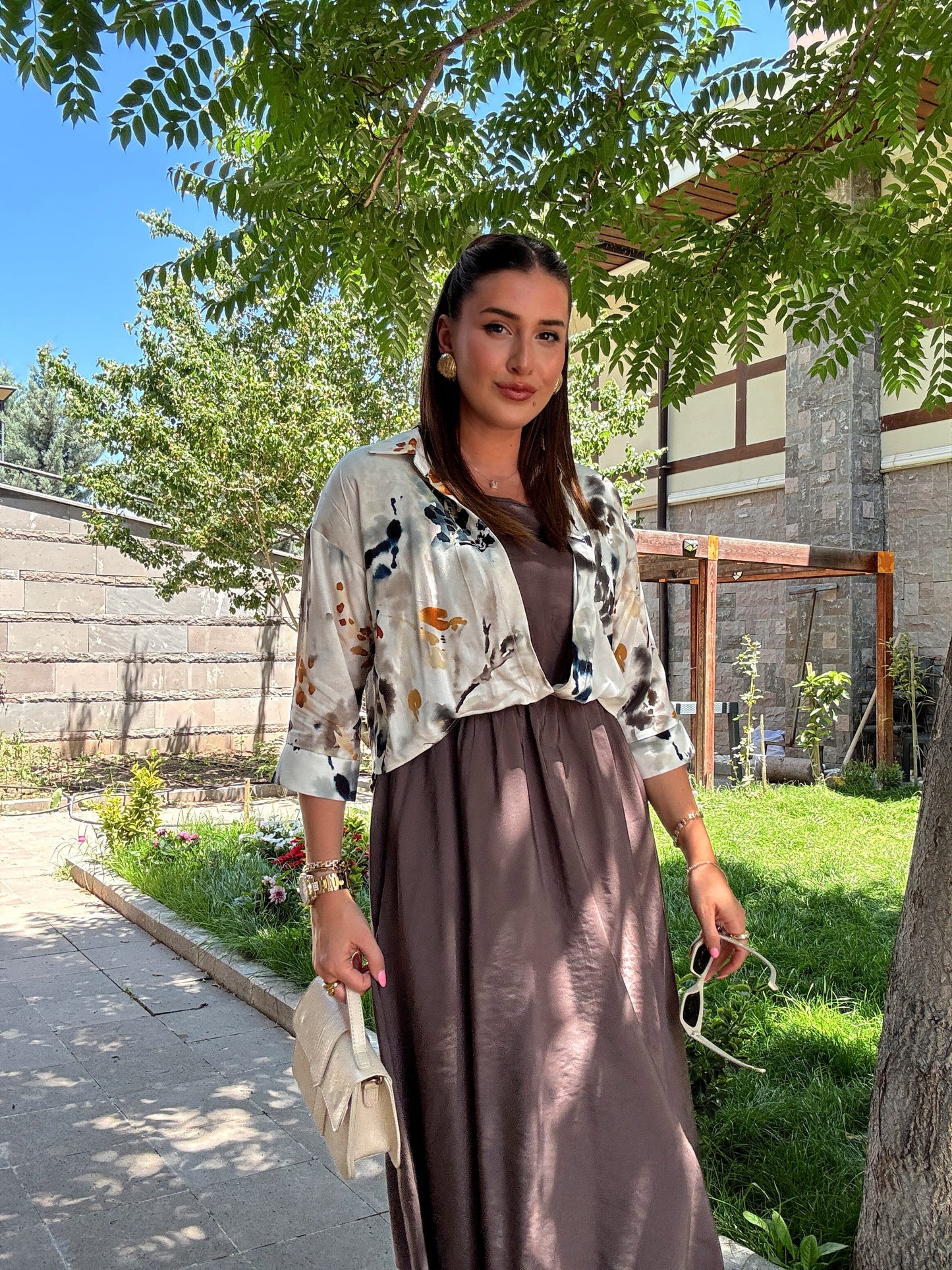 Batik desen gömlekli elbise Kahve