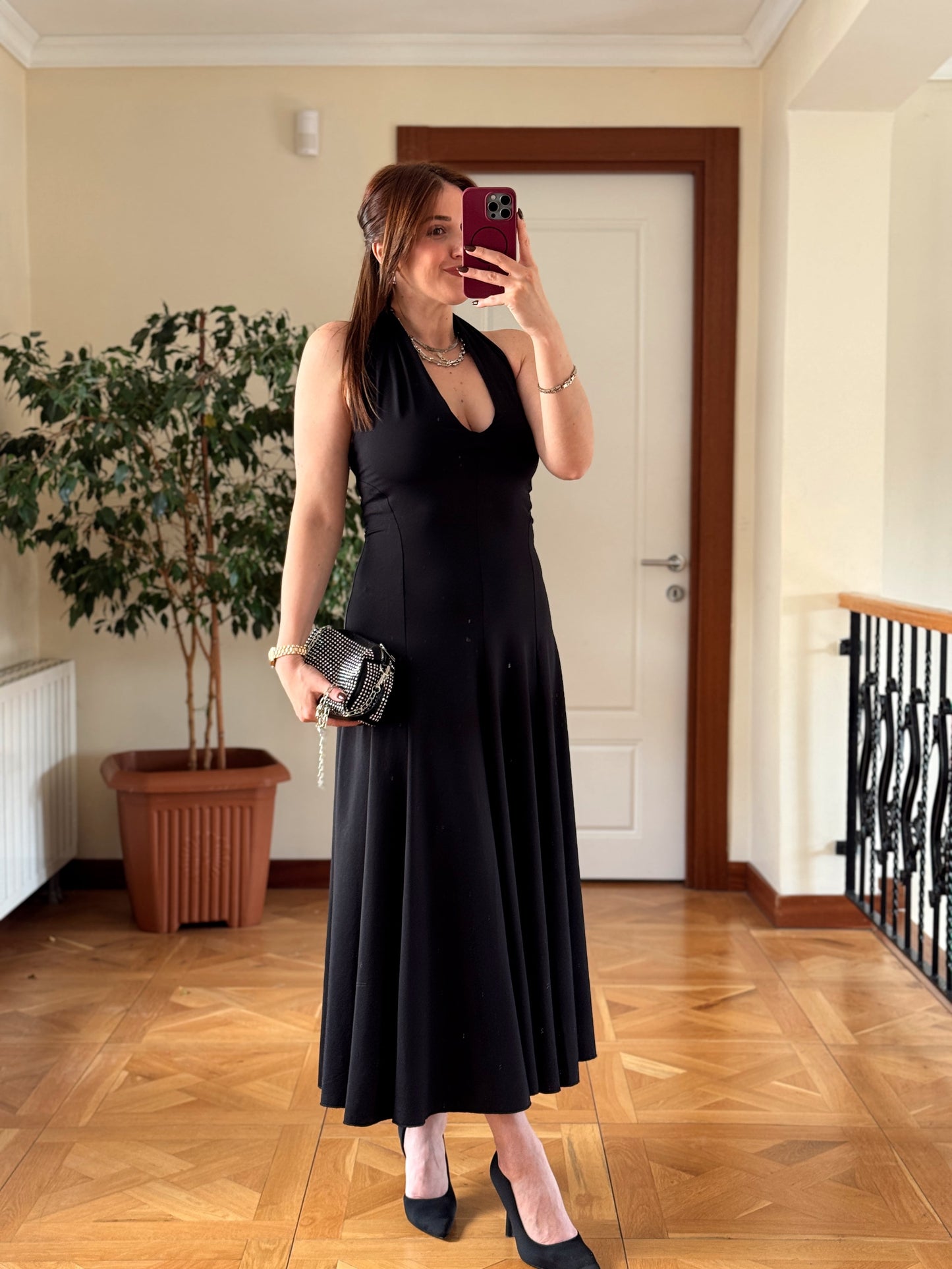 Dalgıç kumaş boyun geçme elbise-SİYAH