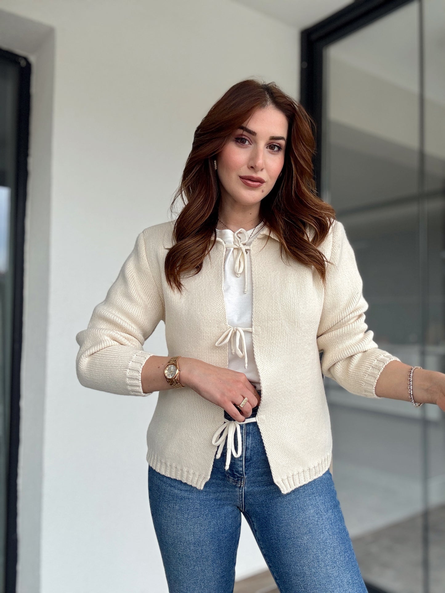 Bağcıklı triko ceket-LATTE