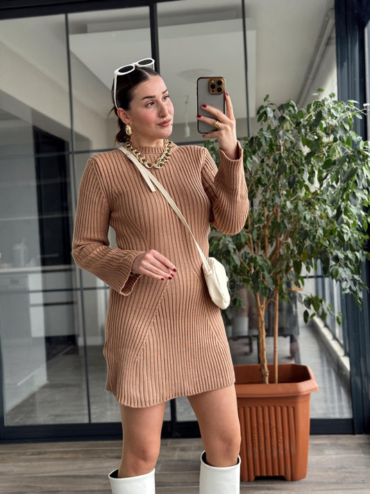 Kloş Fitilli Triko Elbise - CAMEL