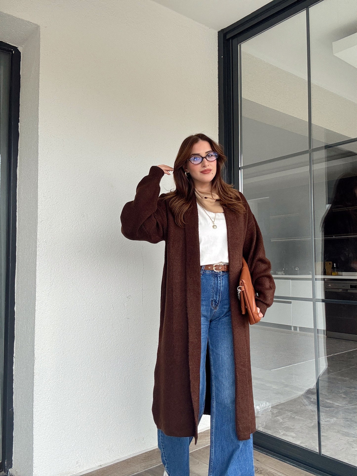 Şardonlu uzun hırka-KAHVERENGİ