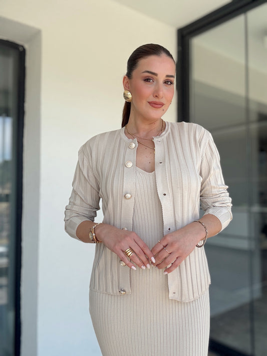 Fitilli Düğmeli Triko Takım Latte