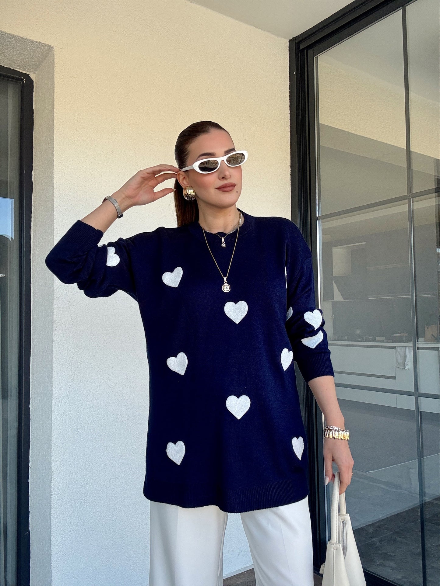 Kalp İşleme Triko Kazak - LACİVERT