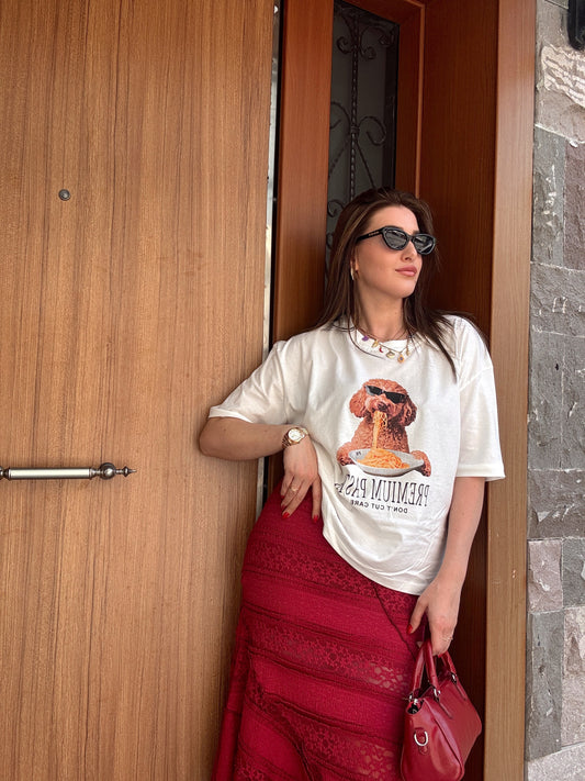 Dog baskı detaylı oversize tişört BEYAZ