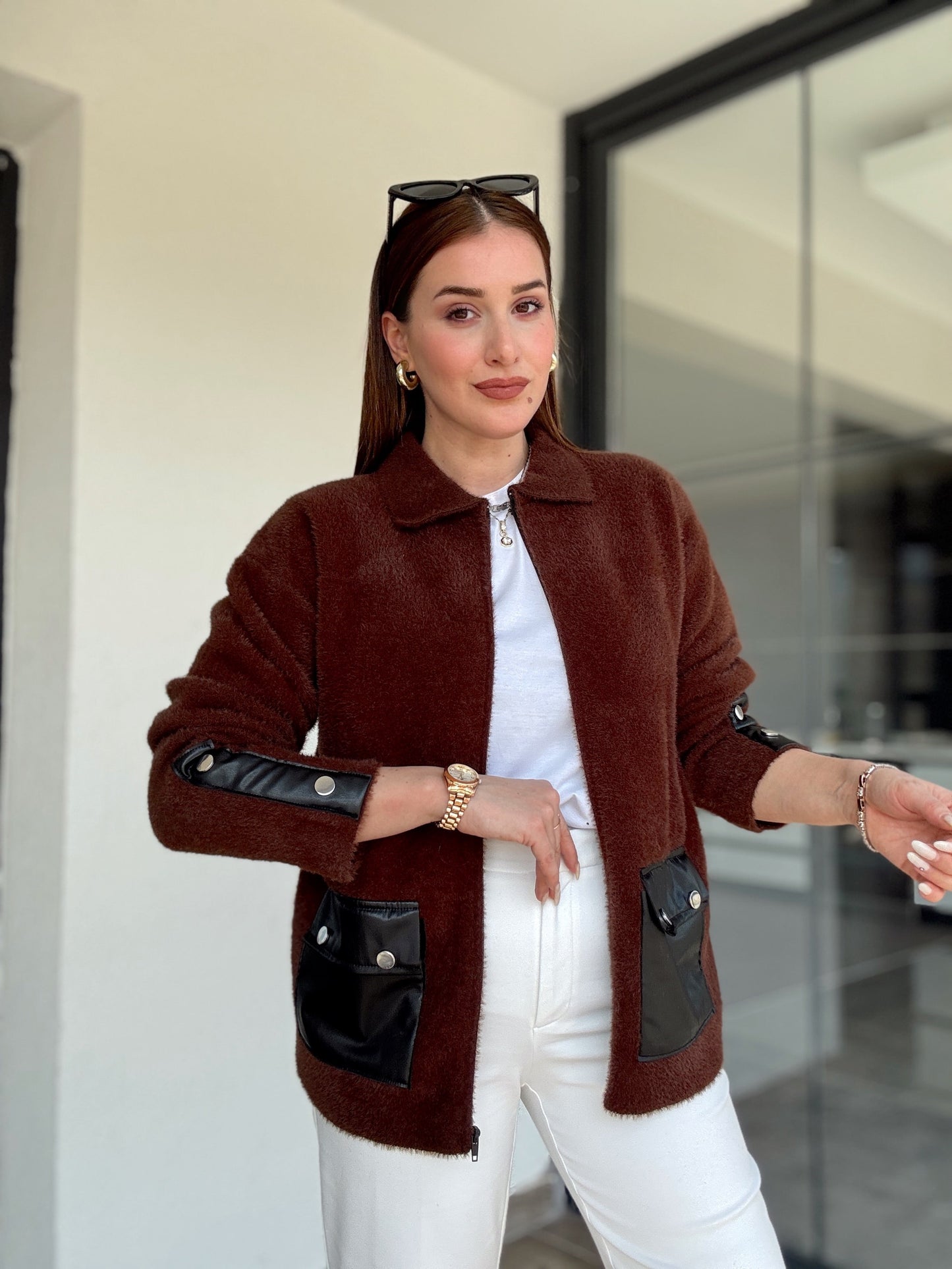 Liliyana deri cepli fermuarlı hırka-KAHVERENGİ