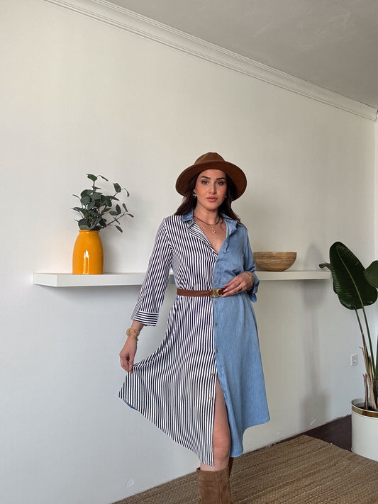 Çizgili tensel denim görünümlü elbise AÇIK MAVİ