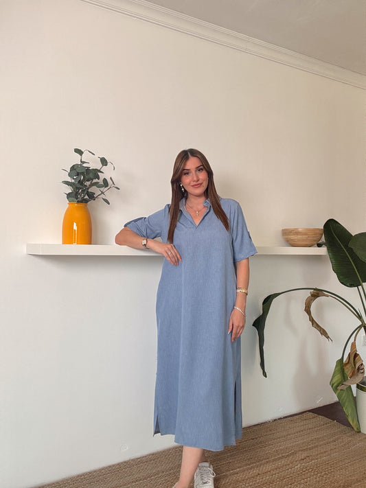 Polo yaka tensel kumaş  elbise Açık Mavi