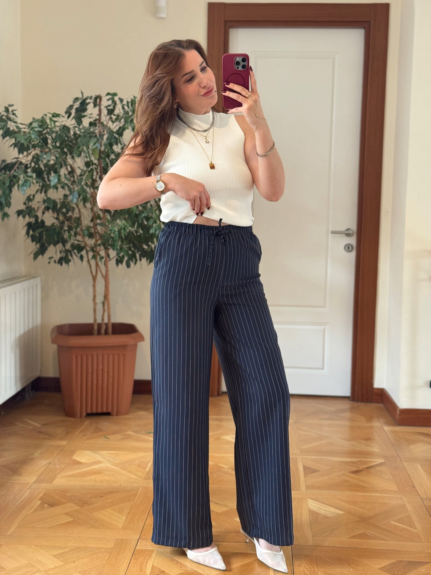 Bel bağcıklı çizgili pantolon-LACİVERT