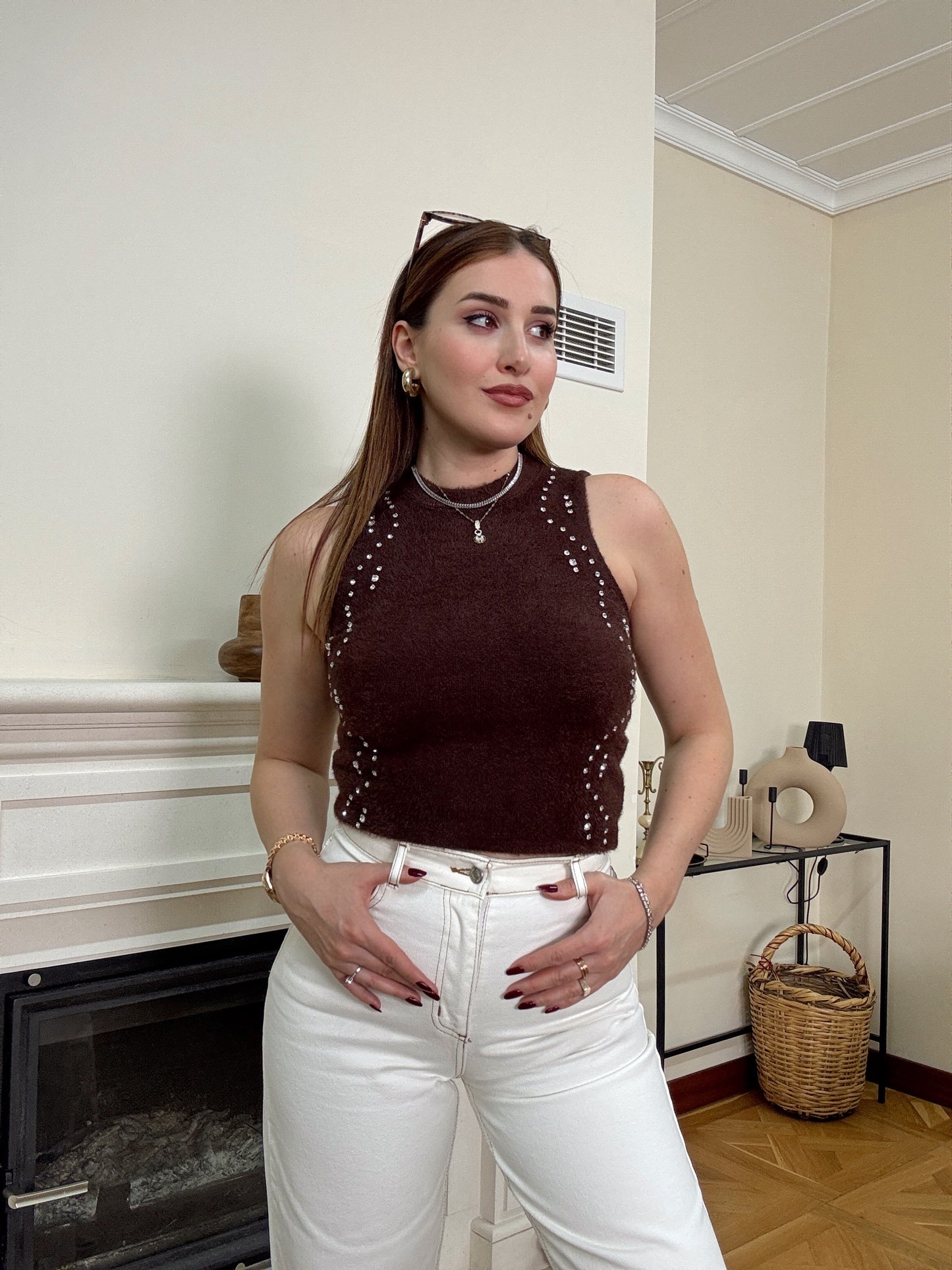 ZR model taşlı sakal kumaş bluz-KAHVERENGİ