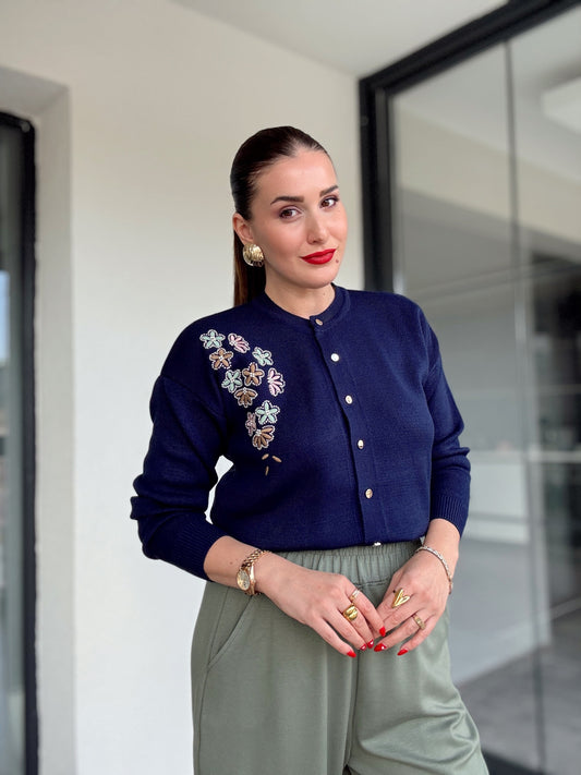 Papatya çiçekli hırka Lacivert