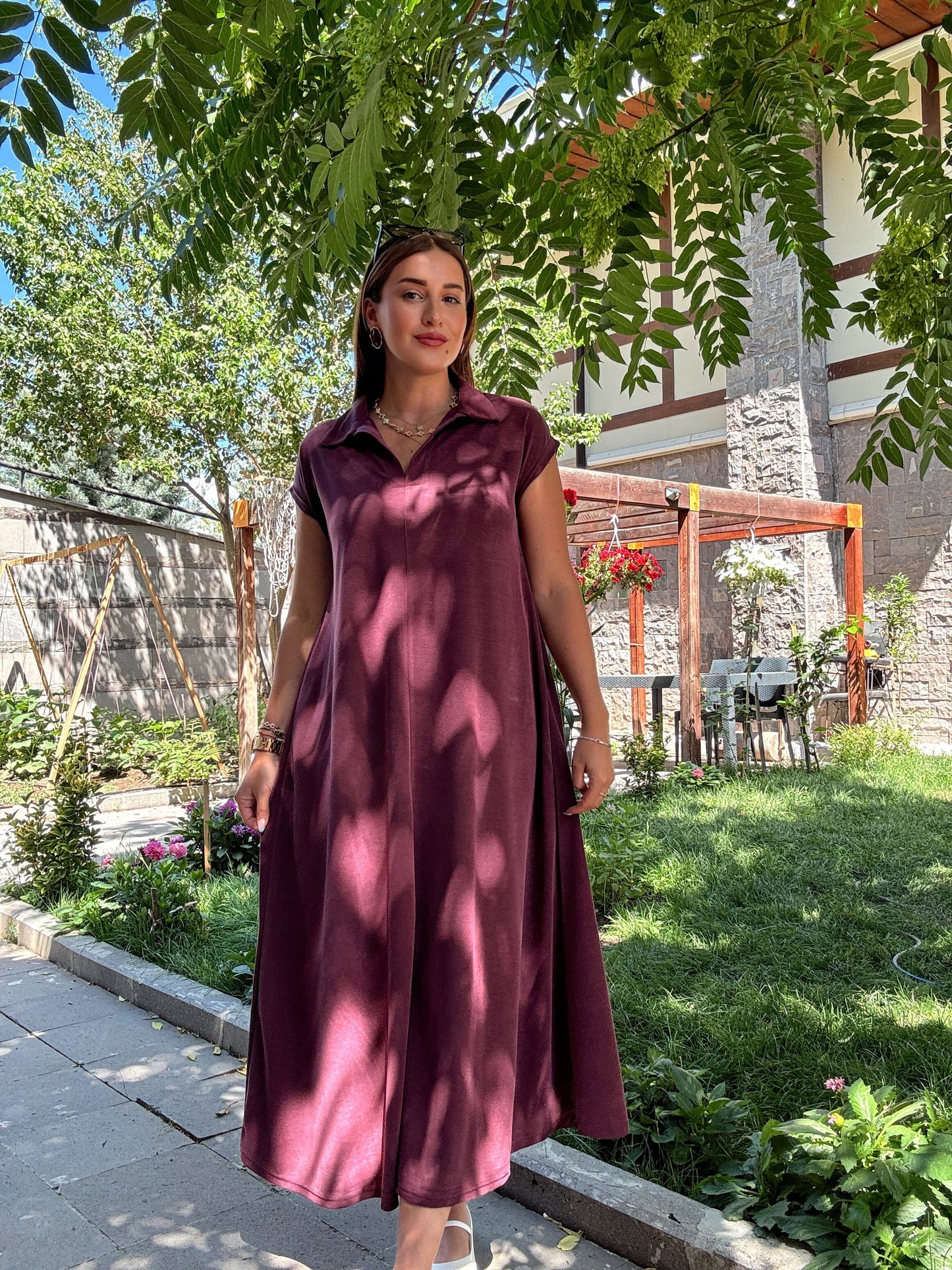 Polo yaka pike elbise Bordo