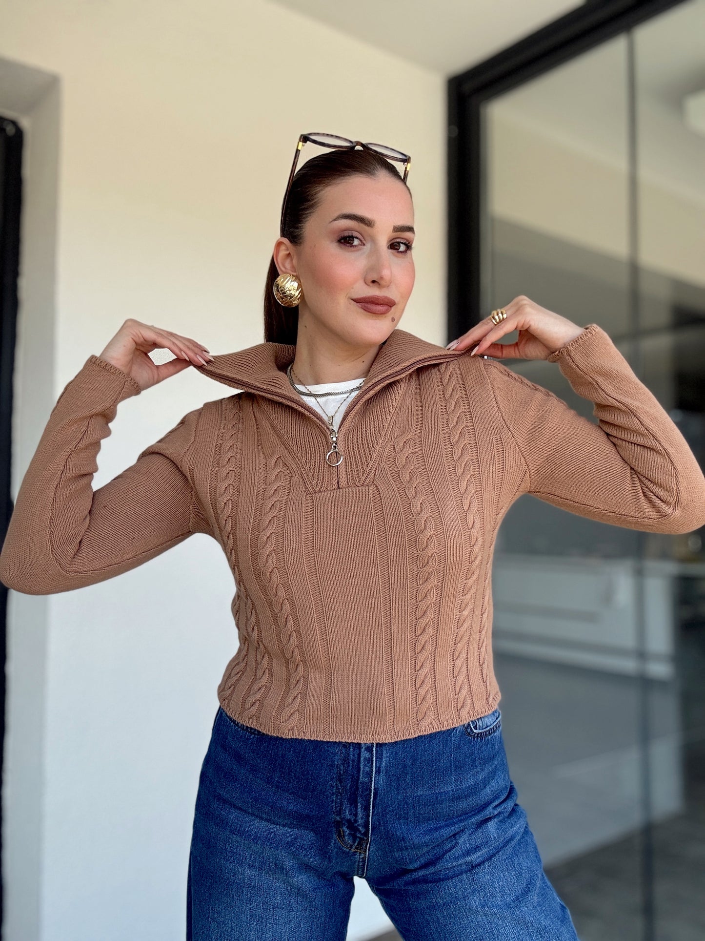 Saç Örgü Fermuarlı Spor Bluz - CAMEL