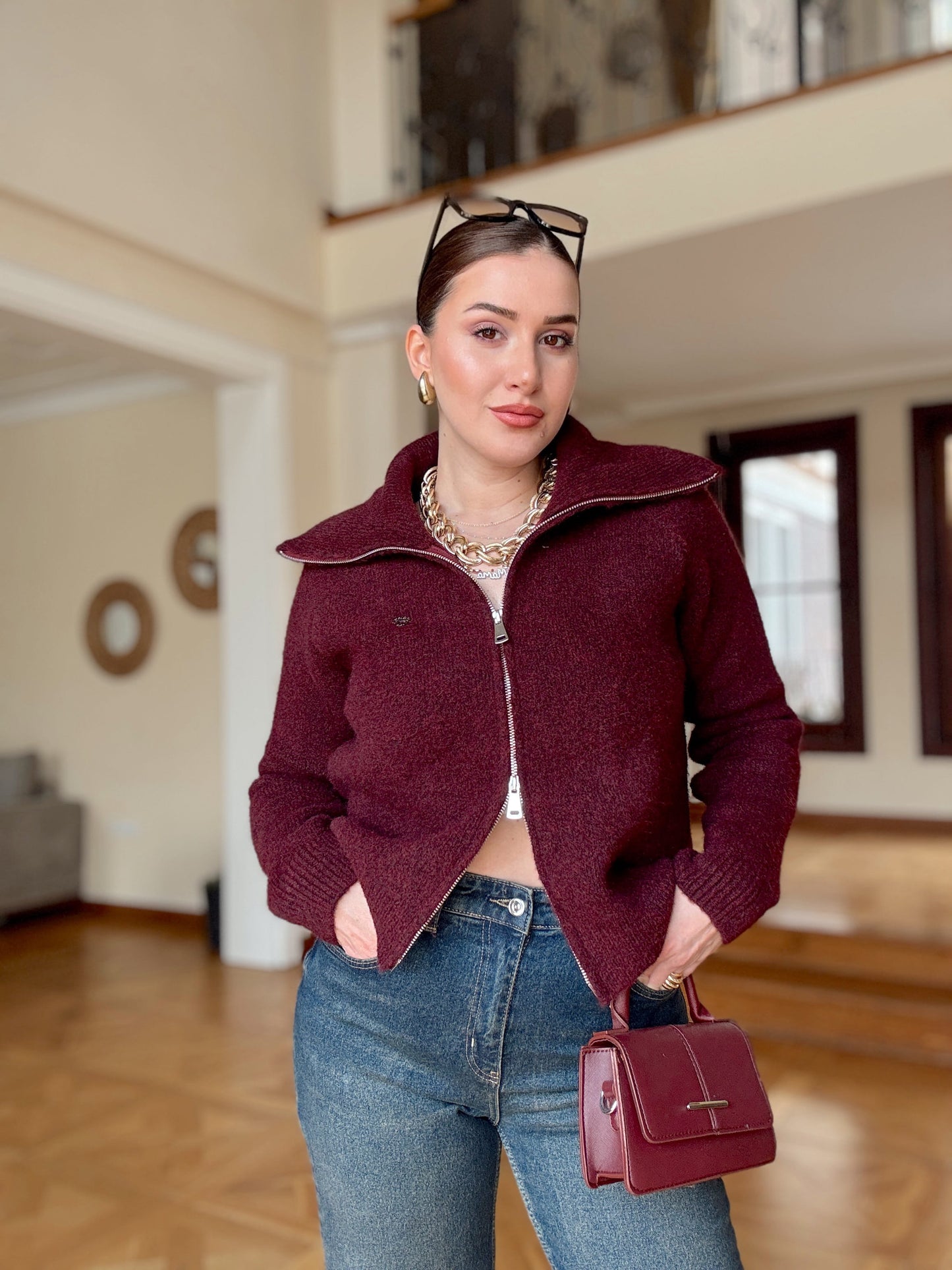 LENA çift fermuarlı triko hırka-BORDO
