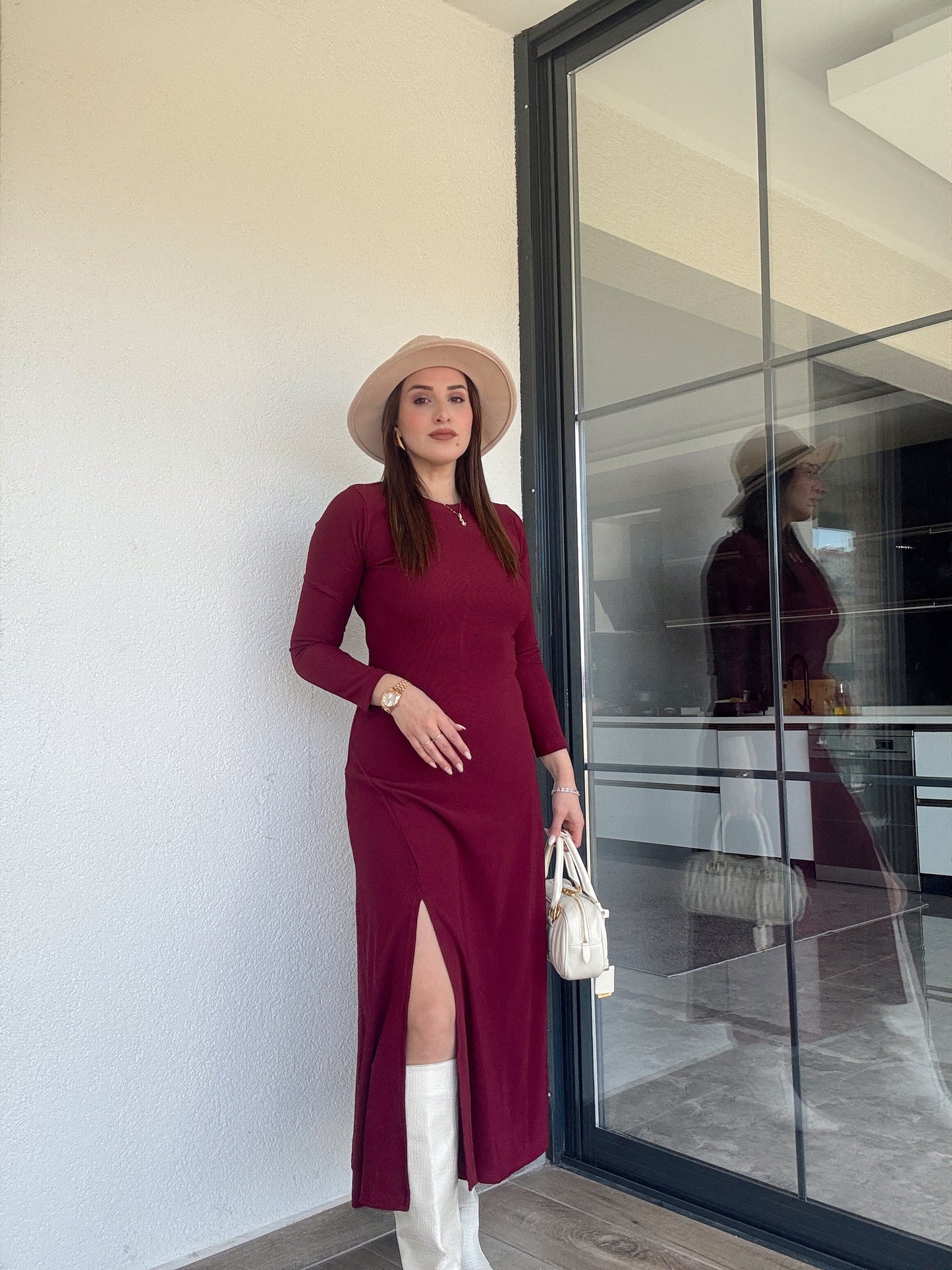 Bisiklet yaka yırtmaçlı fitilli elbise BORDO