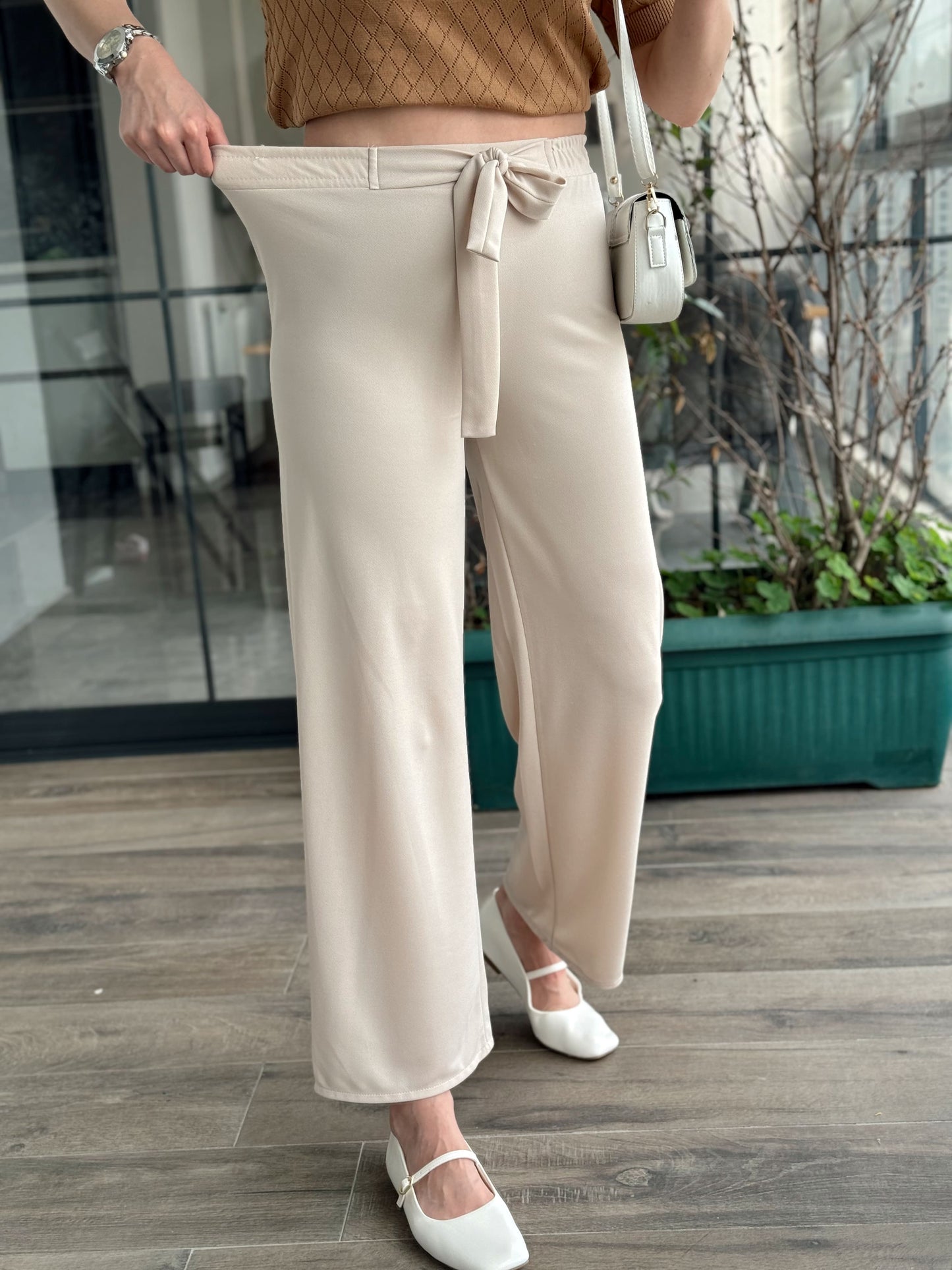 Kuşaklı Crep Kumaş Palazzo Pantolon-BEJ