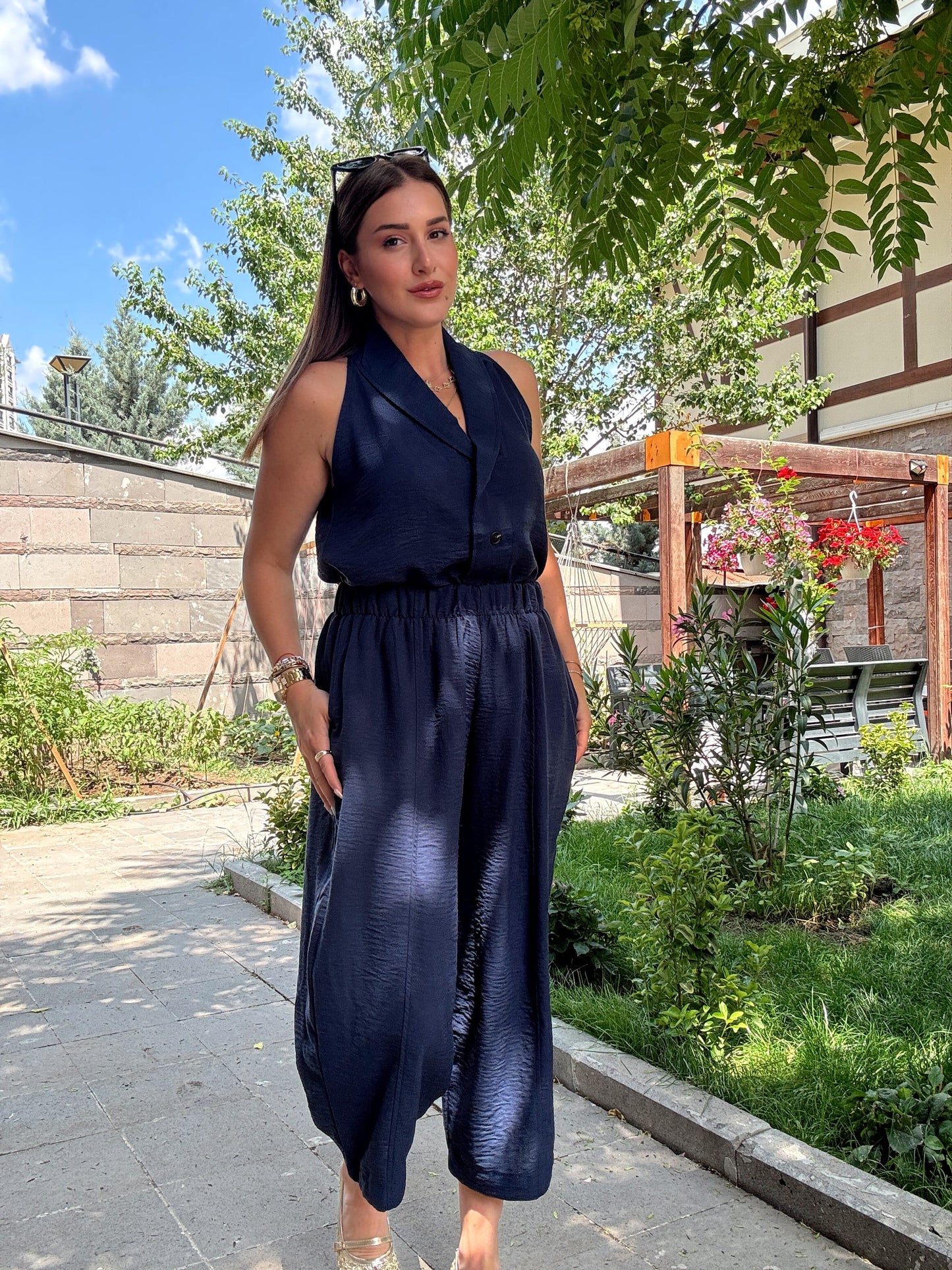 Keten düğmeli sıfır kol takım LACİVERT