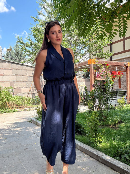 Keten düğmeli sıfır kol takım LACİVERT