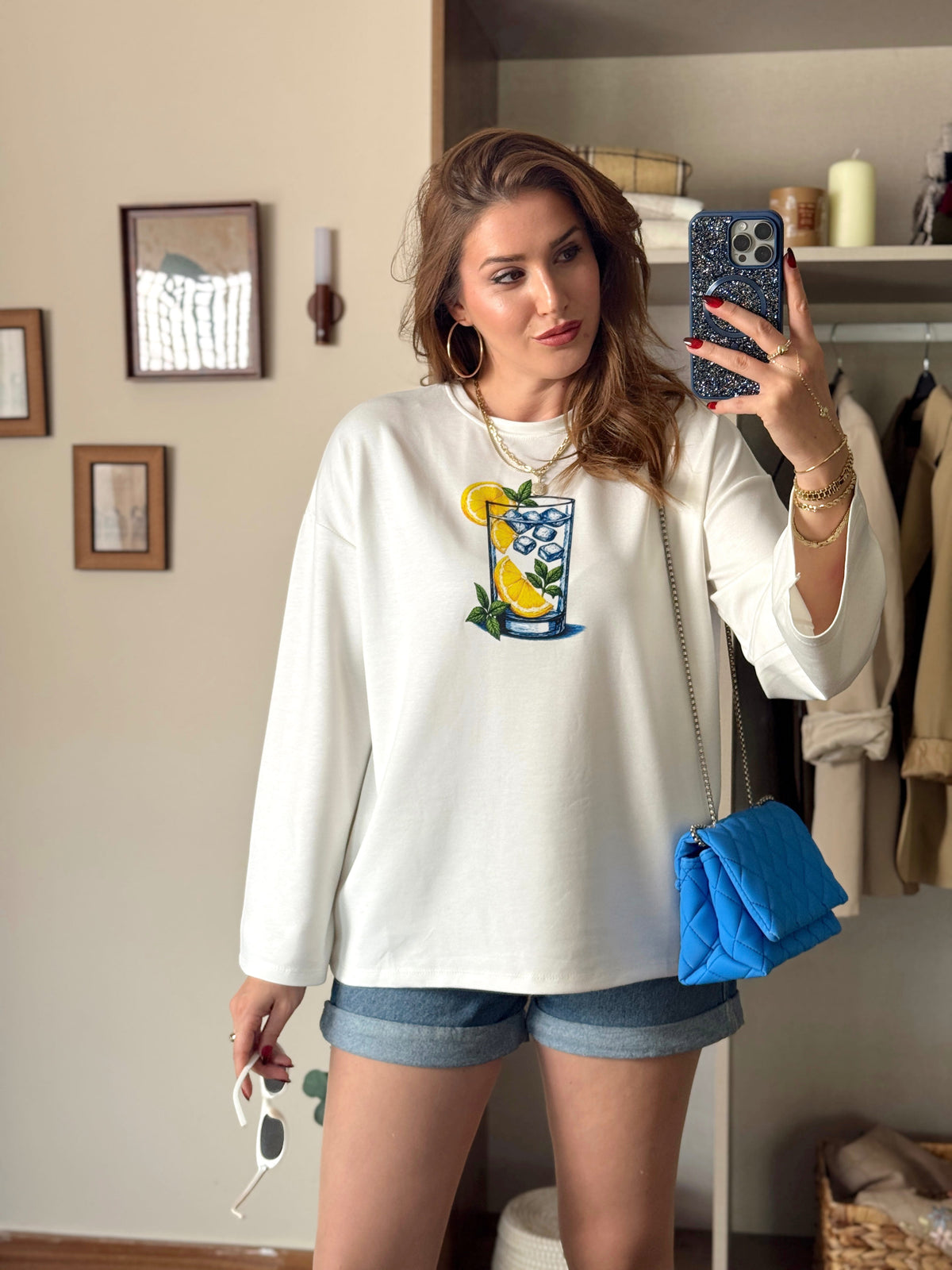 Limon buzlu bardak baskılı oversize modal sweat Beyaz