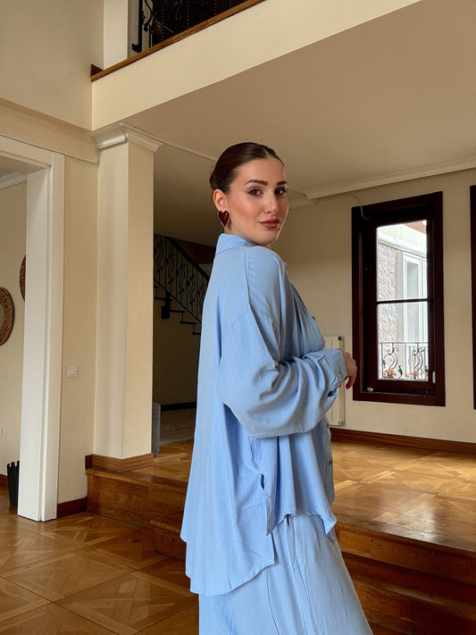 Gofre pantolonlu ikili takım Bebe mavi